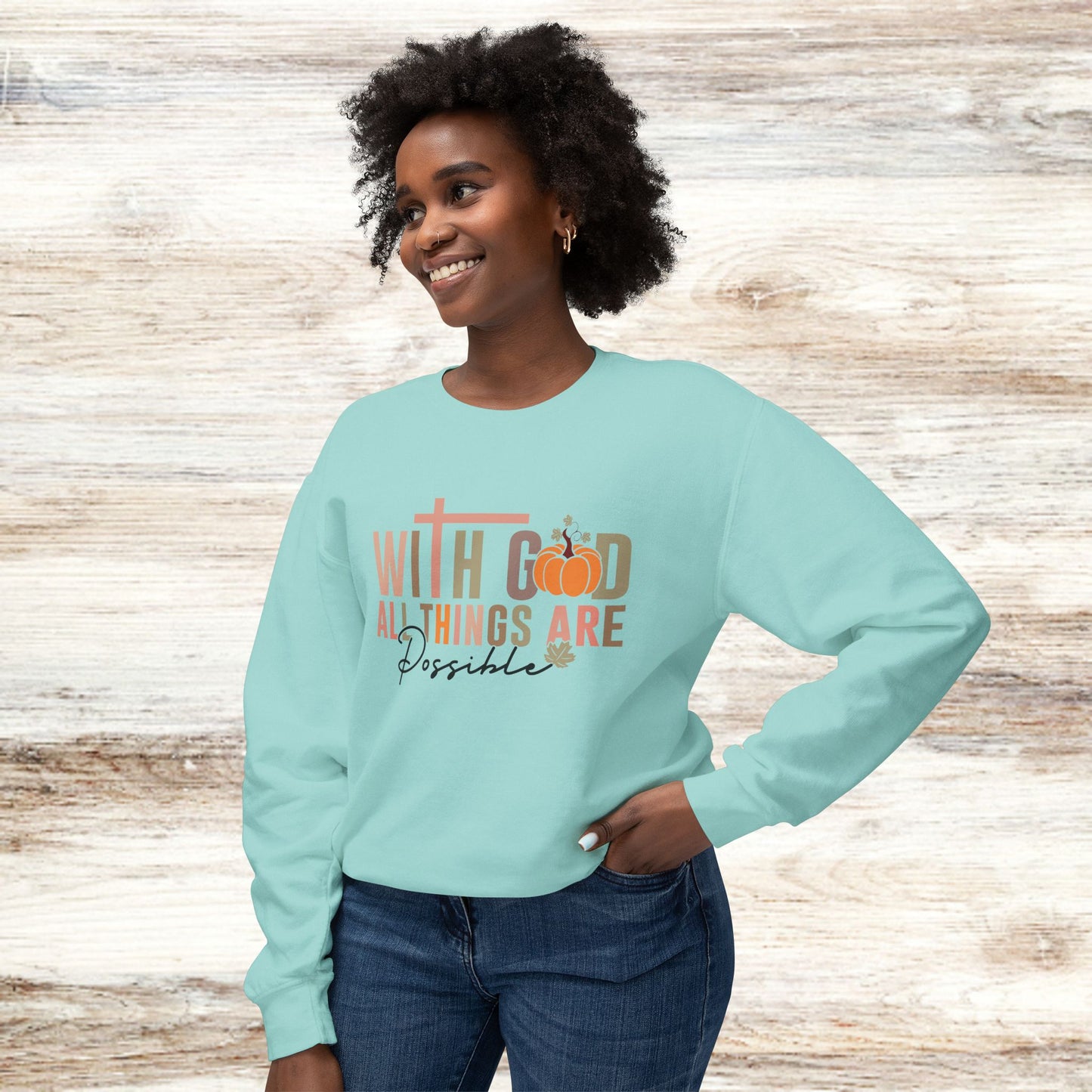 Inspirational Unisex Lightweight Crewneck Sweatshirt - "With God All Things Are Possible"