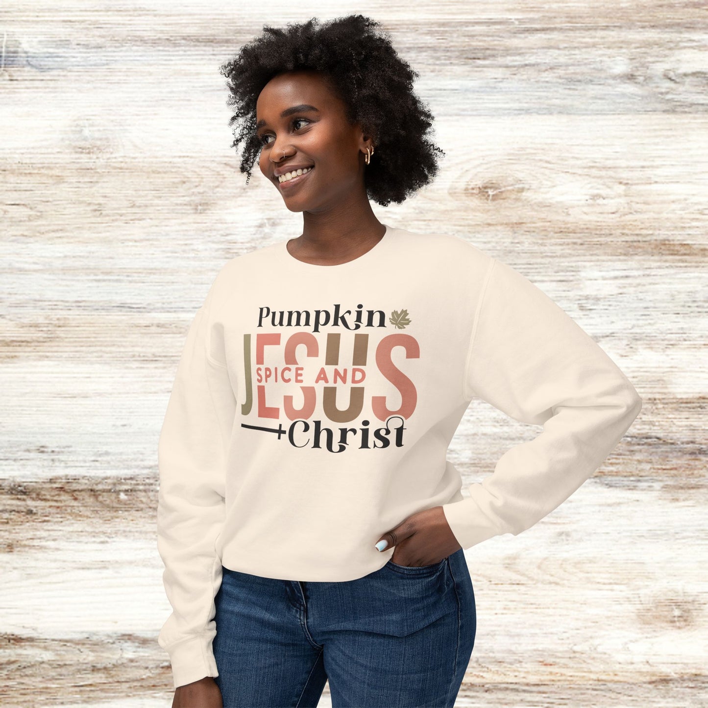 Pumpkin Spice and Jesus Unisex Lightweight Crewneck Sweatshirt