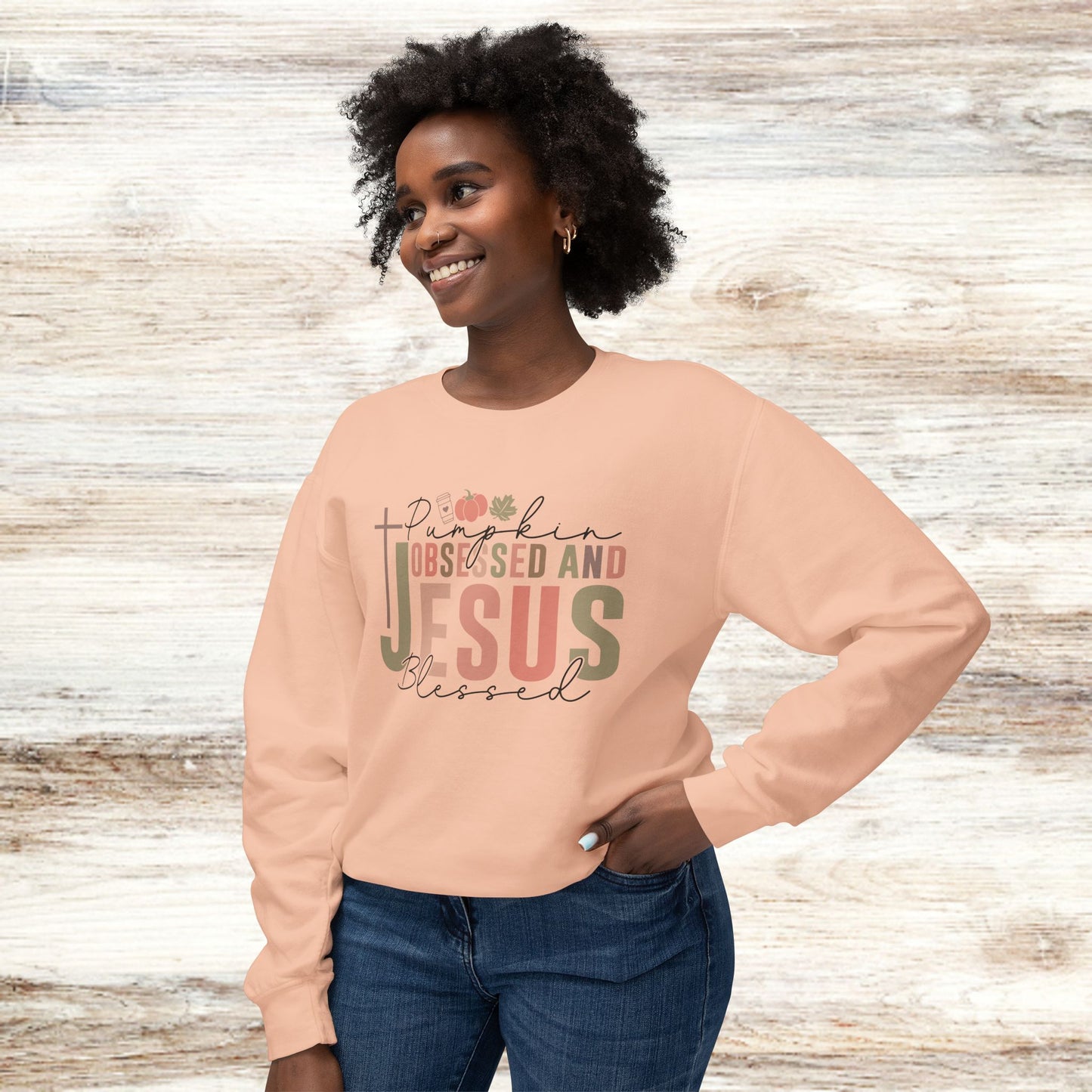 Pumpkin Obsessed and Jesus Blessed Unisex Lightweight Crewneck Sweatshirt