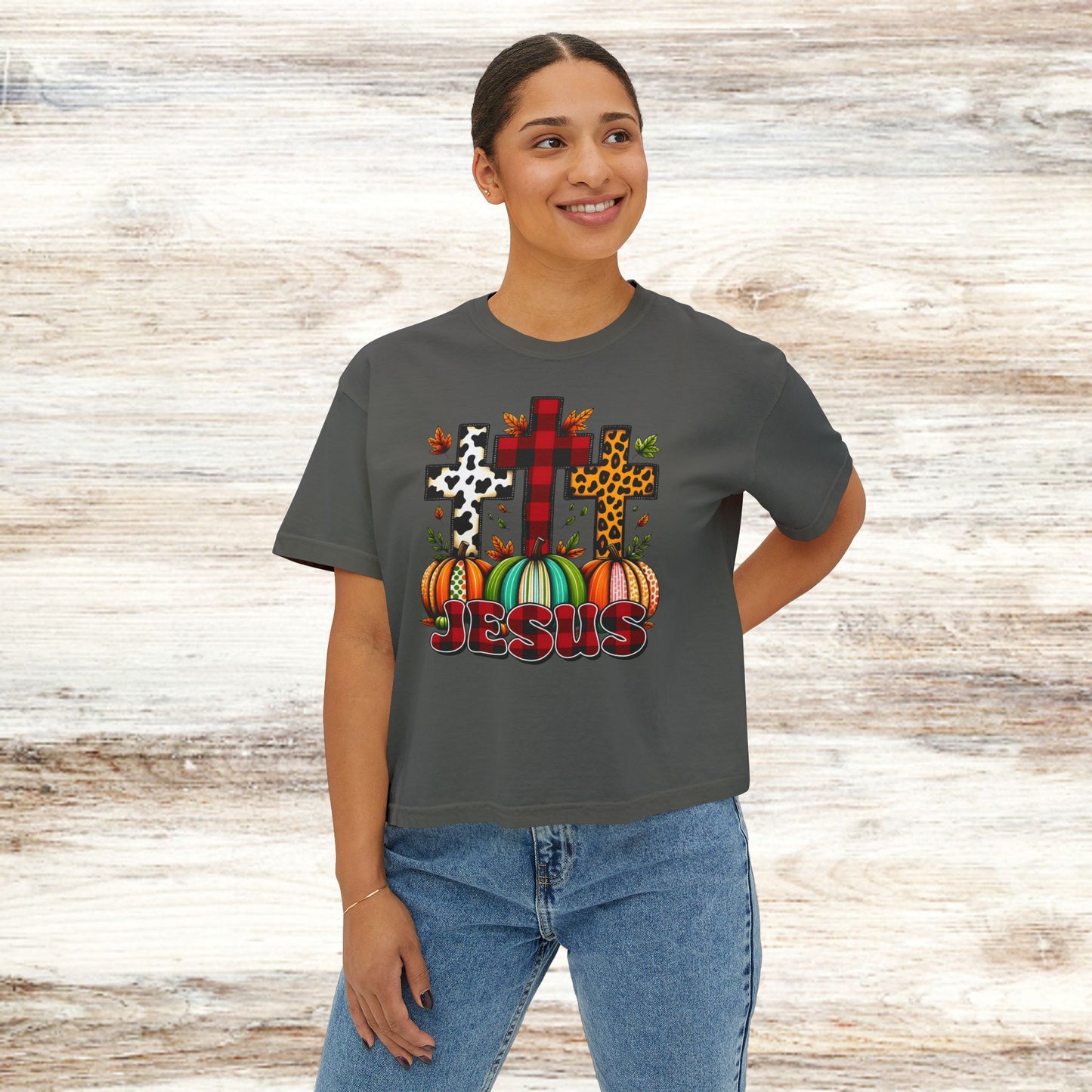 3 Cross Pattern Boxy Tee - Fall Pumpkin Jesus Premium Tee