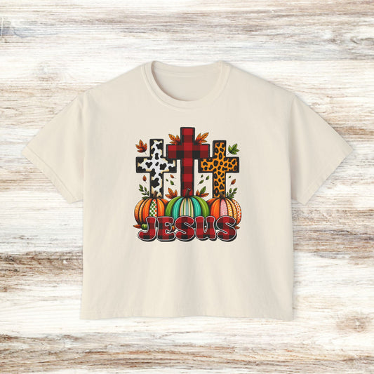 3 Cross Pattern Boxy Tee - Fall Pumpkin Jesus Premium Tee