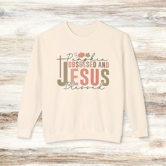 Pumpkin Obsessed and Jesus Blessed Unisex Lightweight Crewneck Sweatshirt