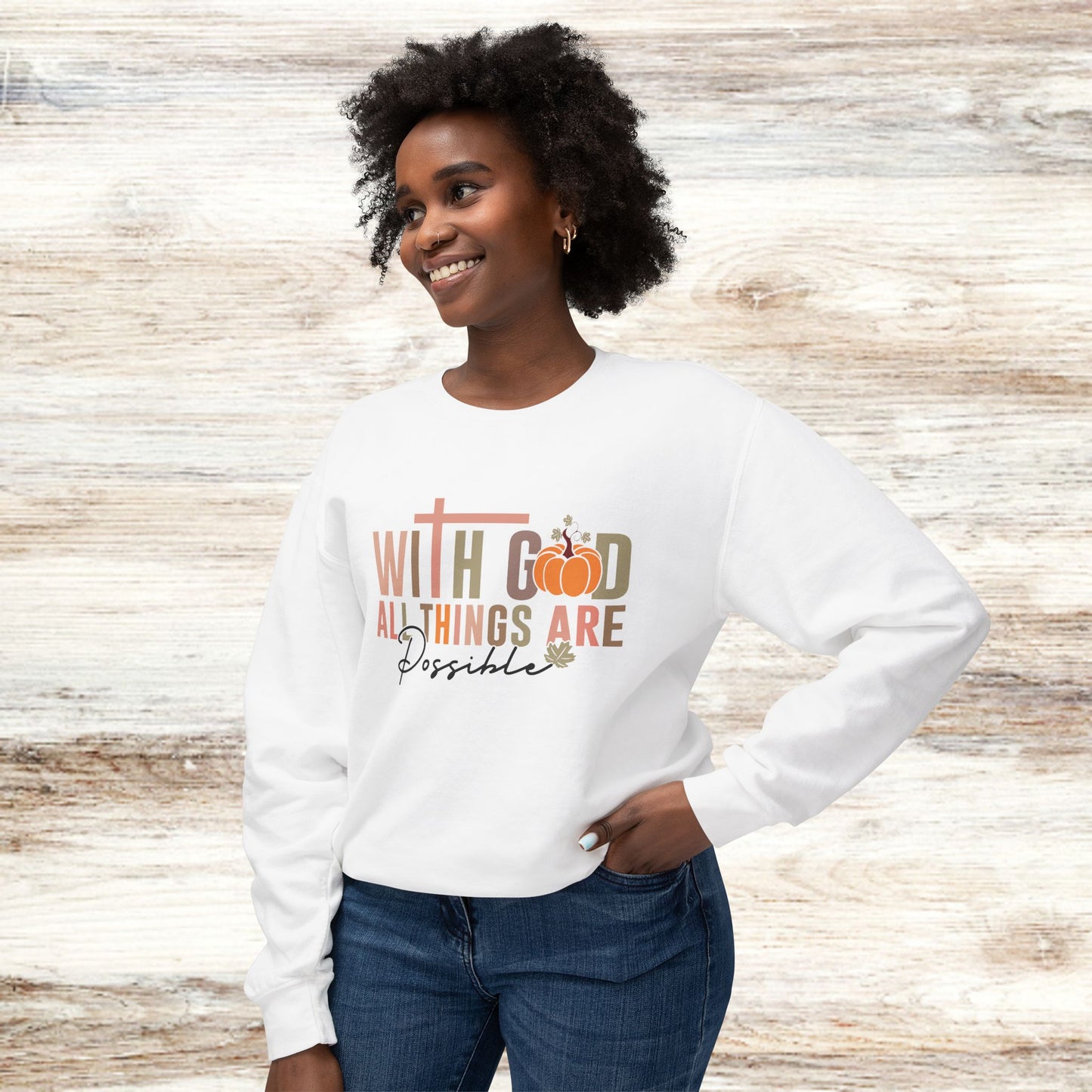 Inspirational Unisex Lightweight Crewneck Sweatshirt - "With God All Things Are Possible"