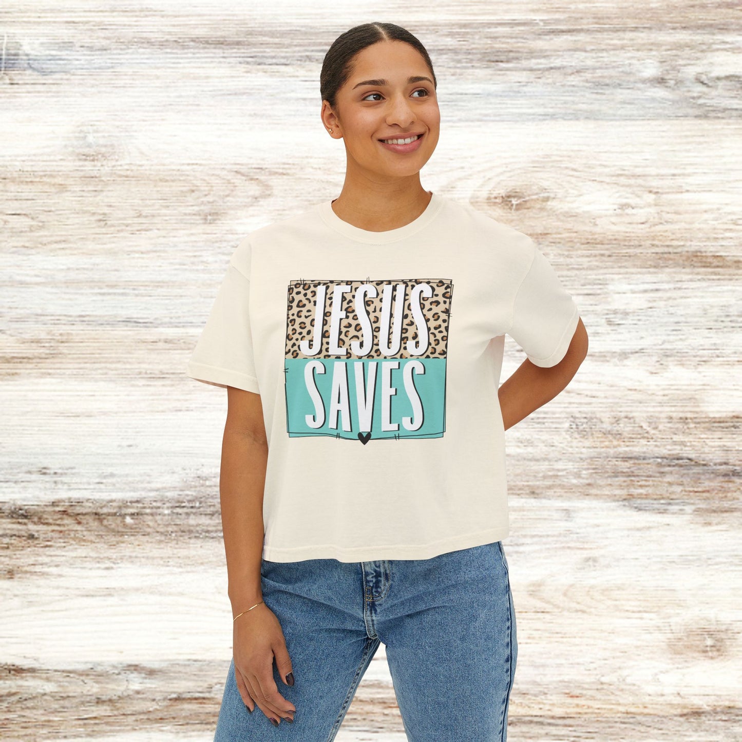 Christian Leopard Print Women's Box Tee - Jesus Saves Boxy Premium T-Shirt