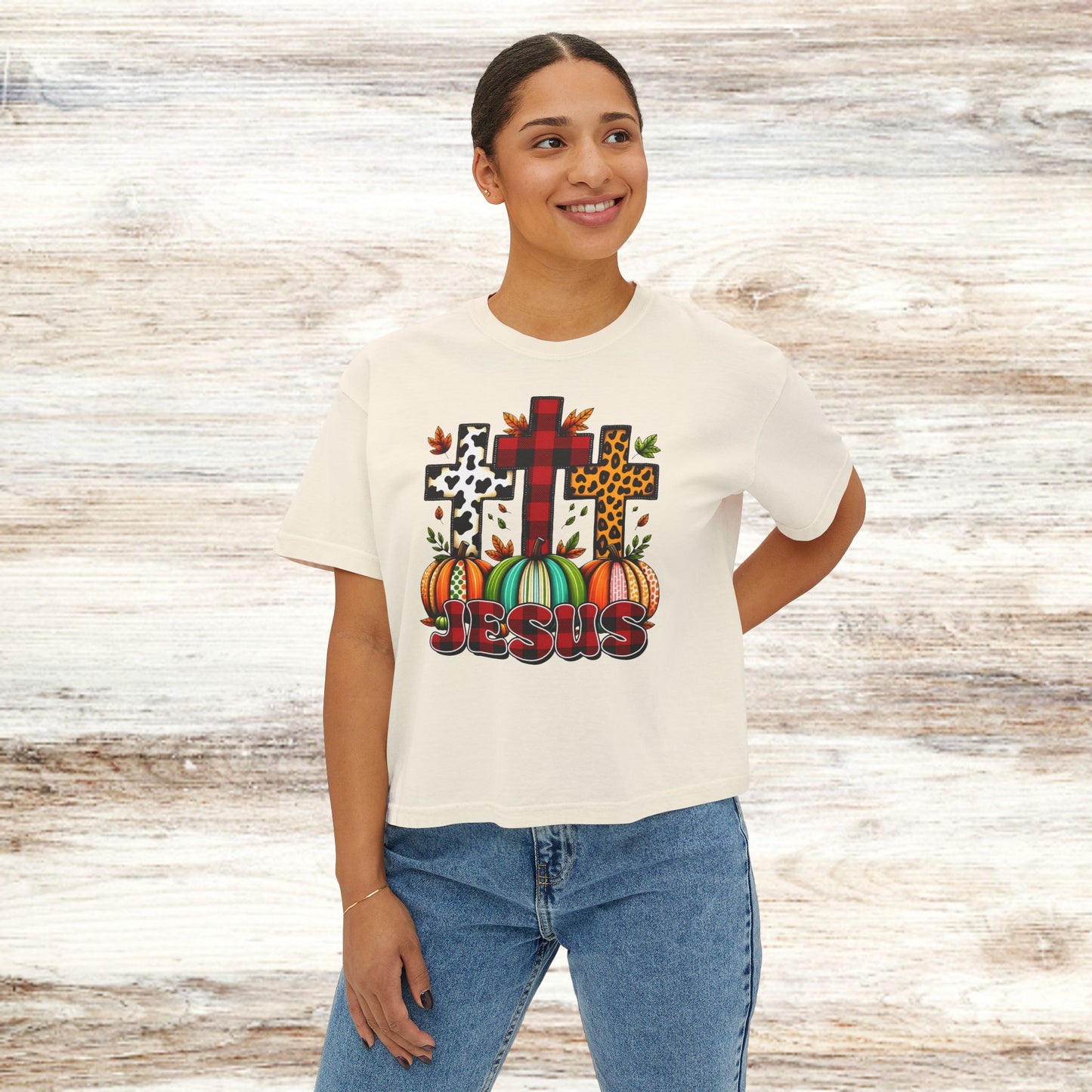 3 Cross Pattern Boxy Tee - Fall Pumpkin Jesus Premium Tee