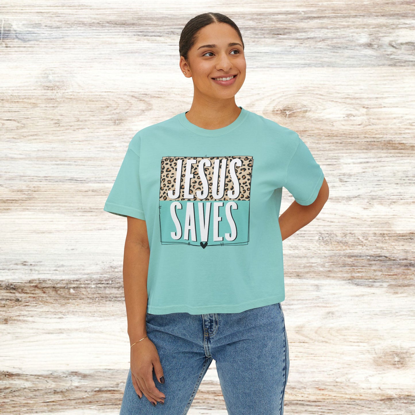 Christian Leopard Print Women's Box Tee - Jesus Saves Boxy Premium T-Shirt