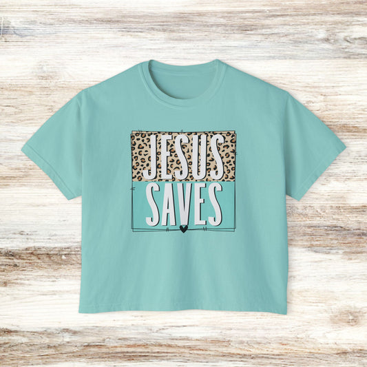 Christian Leopard Print Women's Box Tee - Jesus Saves Boxy Premium T-Shirt