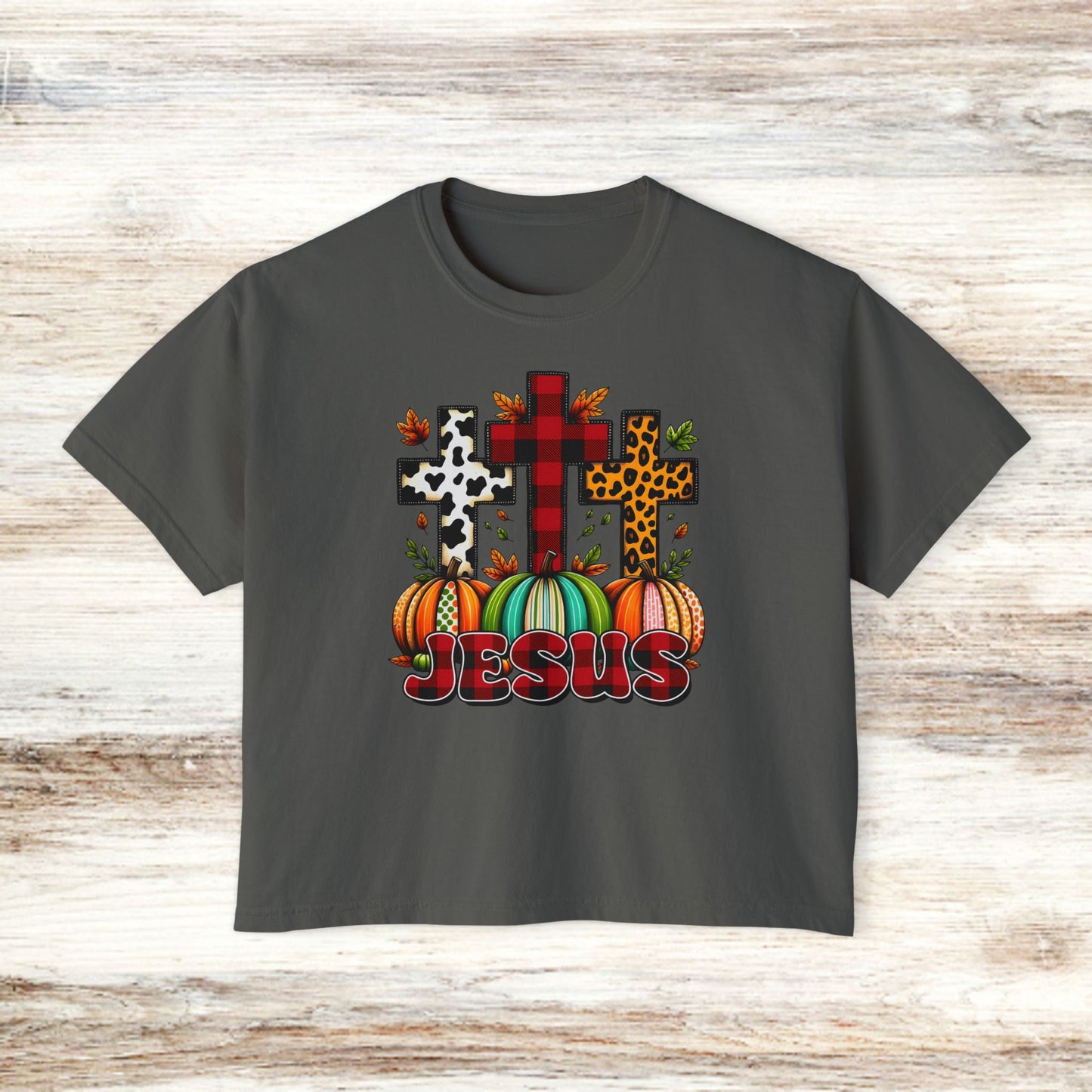 3 Cross Pattern Boxy Tee - Fall Pumpkin Jesus Premium Tee