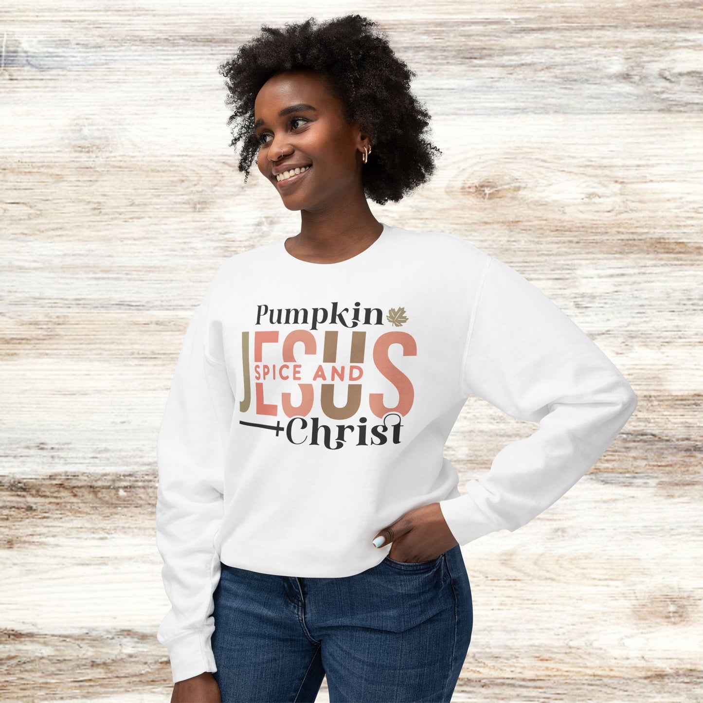 Pumpkin Spice and Jesus Unisex Lightweight Crewneck Sweatshirt